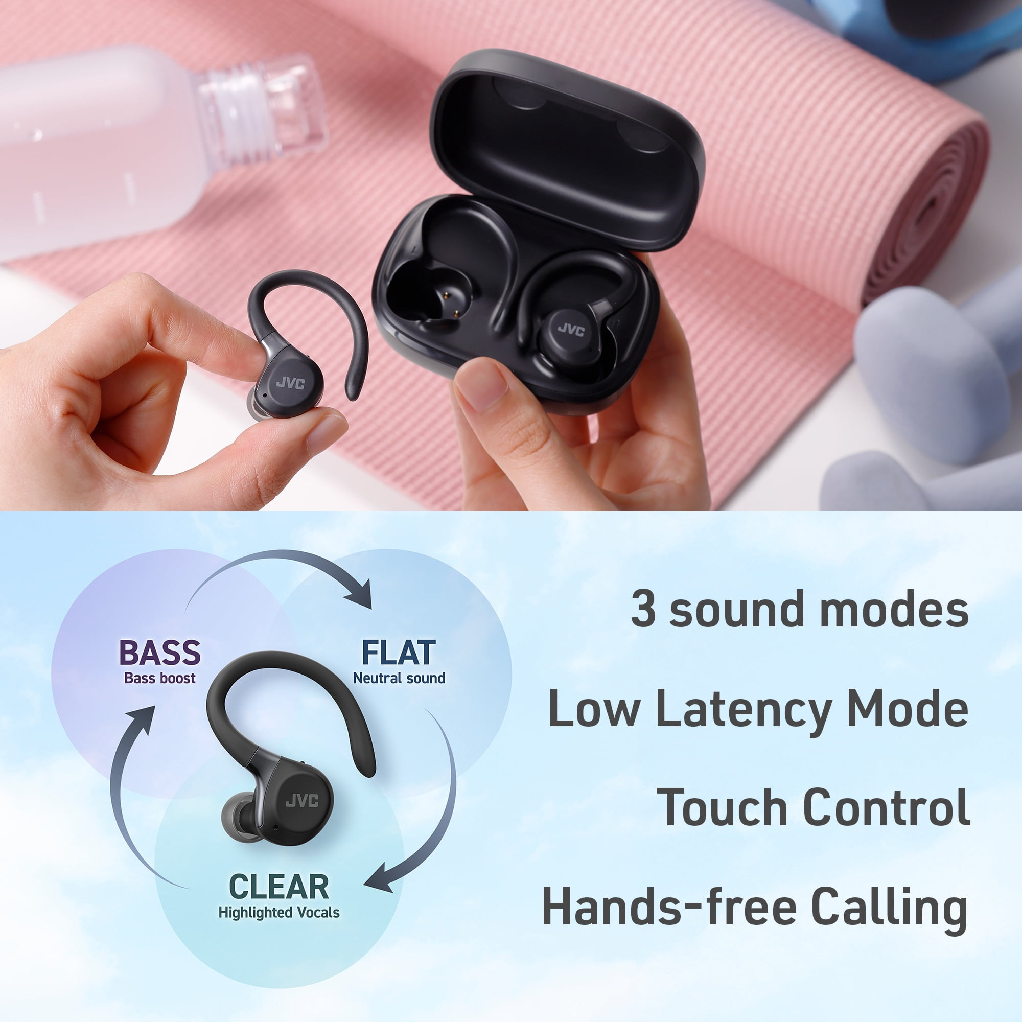 JVC Fitness Series True Wireless Sport Earbuds with Adjustable Hooks, Active Noise Cancelling, Ambient Sound Mode, IP57 Waterproof, 40hr Long Battery Life, App EQ, Low Latency, Mic