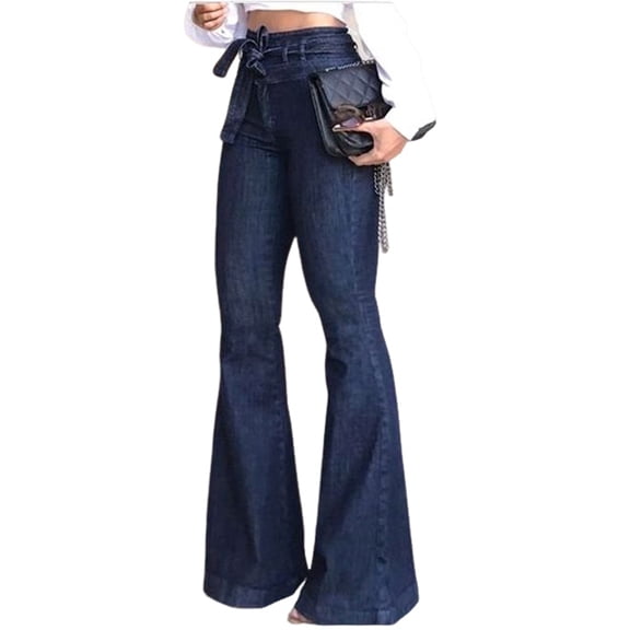 Womens Denim Pants High Waist Boot Cut Trousers Skinny Bell Bottom Mom Jeans Blue S