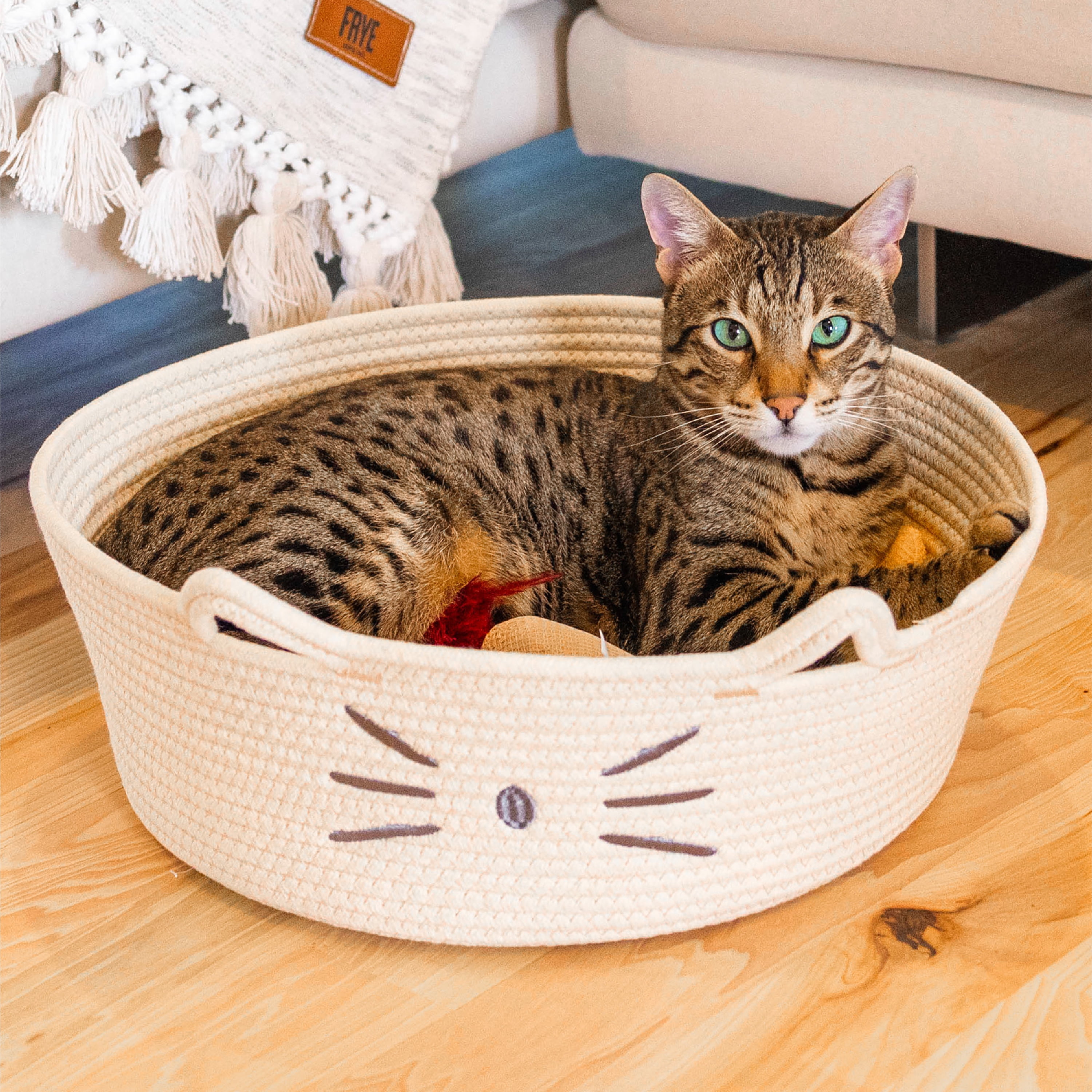 Catstages Bed & Basket Retreat 2-in-1 Cat Bed with Removable Cushion, Plush Cotton Rope, White, 15 in – Versatile Pet Bed and Toy Storage Basket
