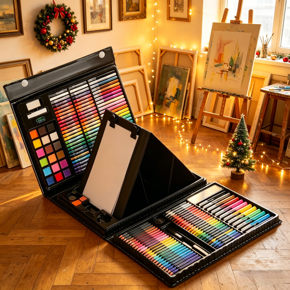 Portable Painting Art Set with Double-Sided Tri-Fold Board, All-Inclusive Art Supplies Including Colored Pencils, Solid Watercolor and Sketchbook, Ideal Gift for Christmas & Birthdays