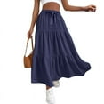 thumbnail image 3 of Women High Waisted Flowy Tiered Linen Skirt Casual Pleated A-Line Beach Long Skirts with Tie Navy Blue L, 3 of 7