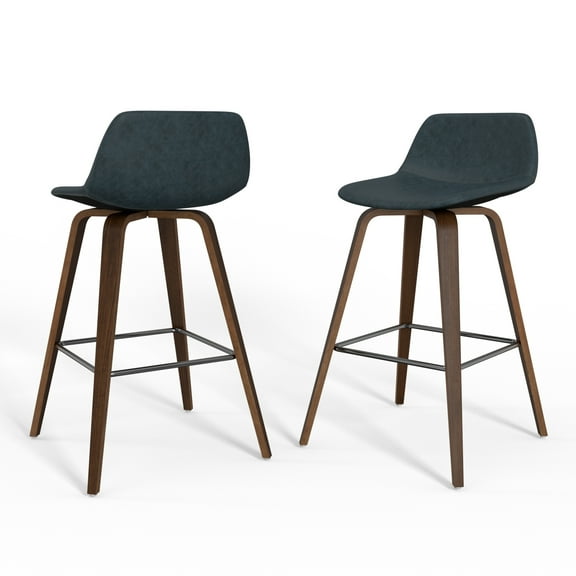Simpli Home Randolph Mid Century Modern 28 inch Bentwood Counter/ Bar Height Stool (Set of 2) in Distressed Blue Vegan Faux Leather