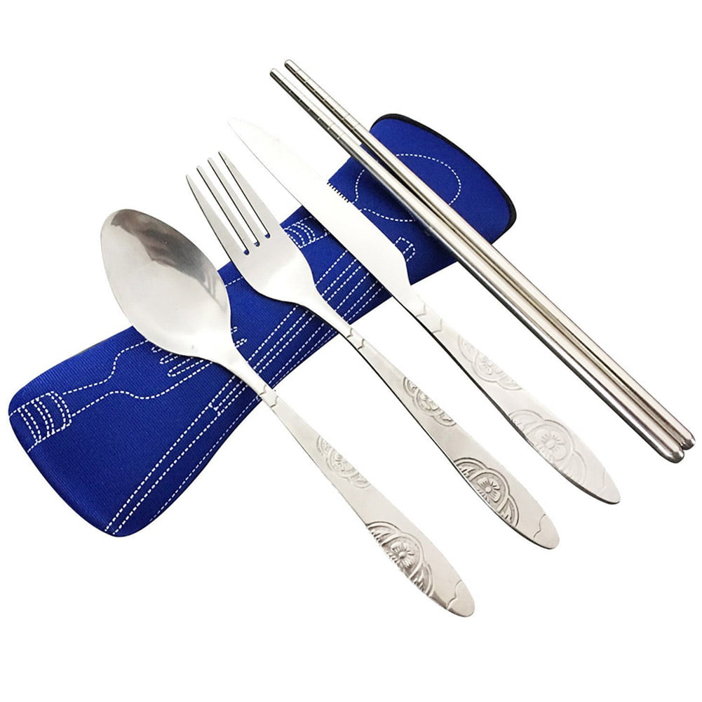 4 Pcs/Bag Fork Spoon Chopsticks Stainless Steel Tableware Camping Cutlery Tools 