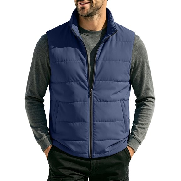 Riecok Winter Vests for Men Sleeveless Stand Collar Zip up Jackets Thermal Solid Outerwear with Pockets Dark Blue M