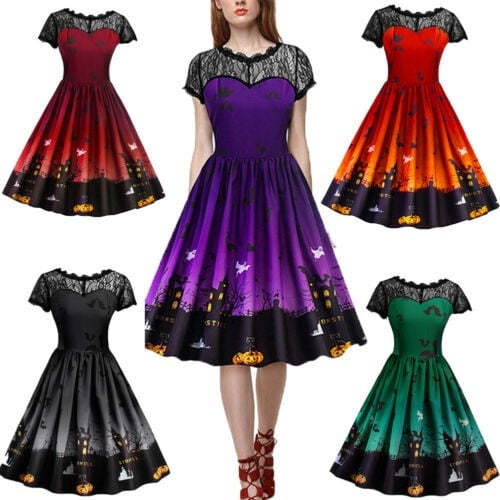 Ghazzi Halloween Dresses Women 1950s Vintage Gown Party Dress Casual Long Sleeve Halloween Printed Swing Dress 