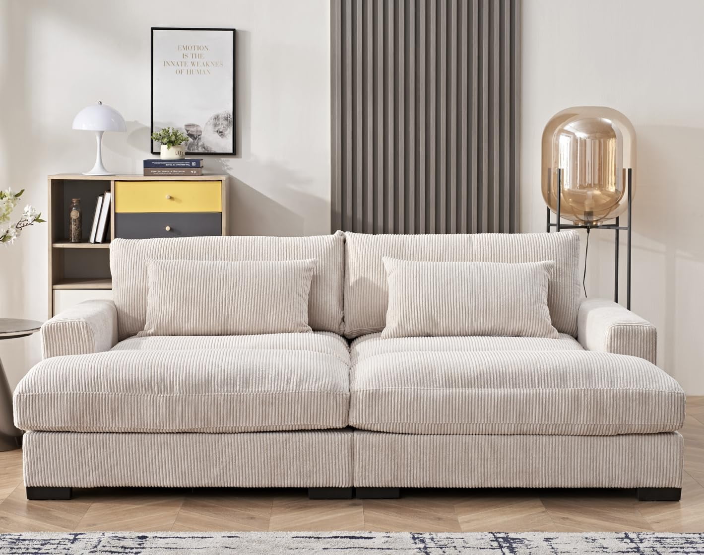 US Pride Furniture Luxe Sleeper Sofa with Soft Corduroy Upholstery Double Chaise Design Convertible to Twin Size Bed Modern and Comfortable Living Room Couch Extra Large Beige