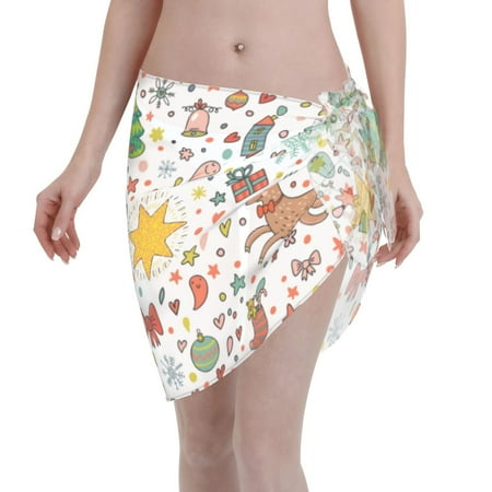 Coaee Winter Christmas And New Year Deer Women s Short Sarongs Beach Wrap Sheer Bikini Wraps Chiffon Cover Ups for Beach  Swimming  Holiday
