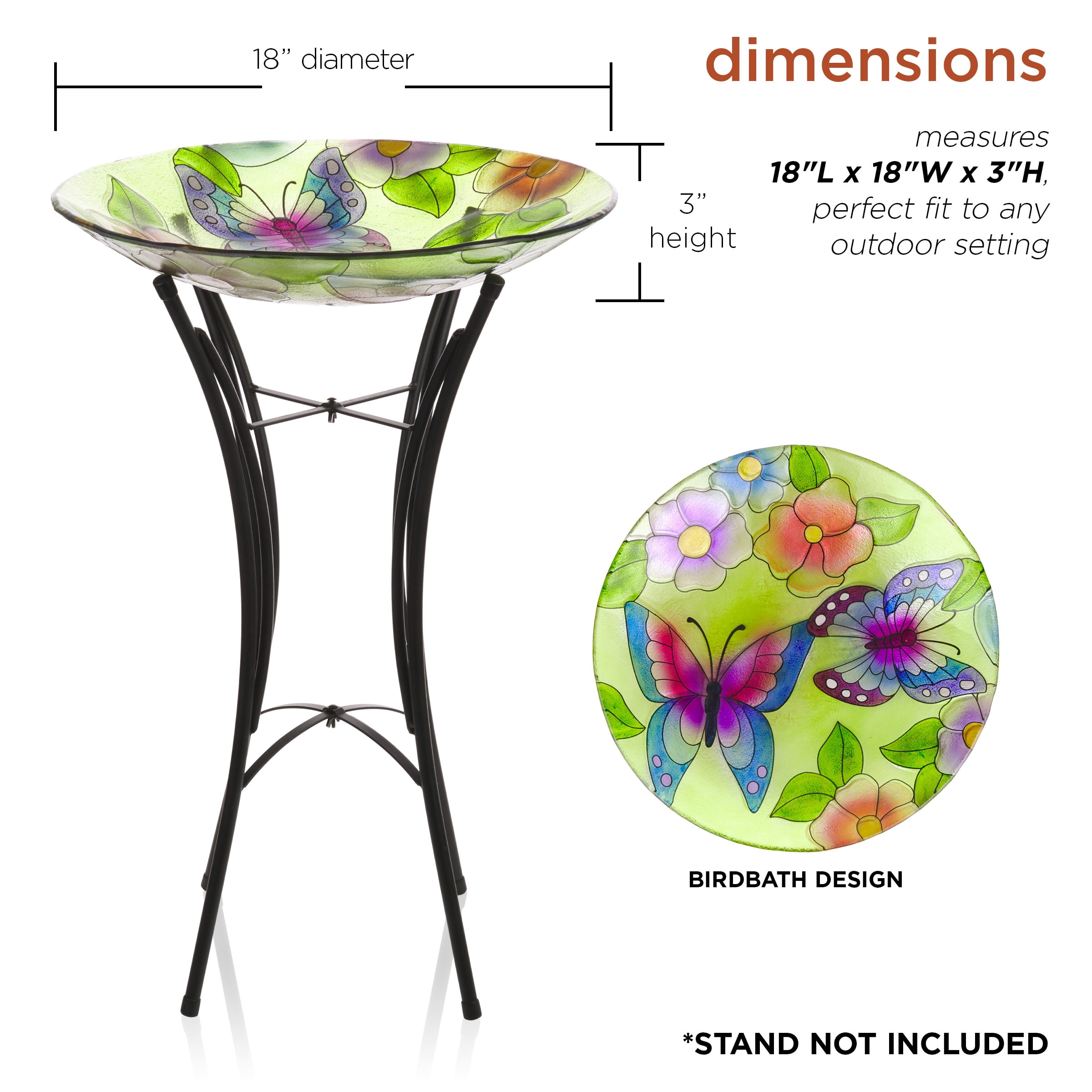 Alpine Corporation 18" Floral Butterfly Painted Glass Birdbath Bowl, Multicolor