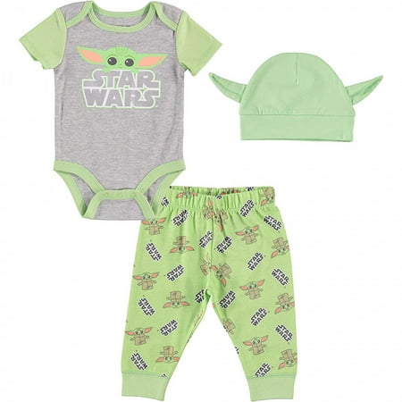 

Star Wars The Mandalorian Grogu w/ Logo 3-Piece Bodysuit Set With Cap-6-9 Months