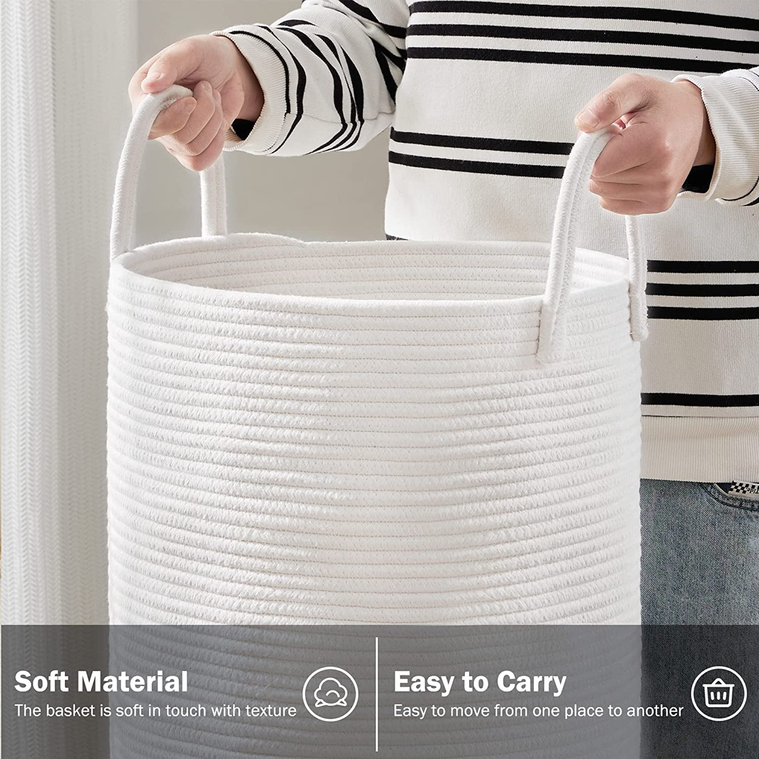 Jute Rope Laundry Hamper Basket , 58L Tall Laundry Basket, Baby Nursery Hamper for Blanket Storage for Bedroom-Large-Jute
