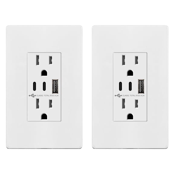 TOPGREENER 4.2A 3-Port Type C USB Outlet, 15 Amp Receptacle Plug, Charging Power Outlet with Dual Type C&A Ports, Screwless Wall Plate Included, UL Listed, TU21542AC2-WSID, White, 2 Pack