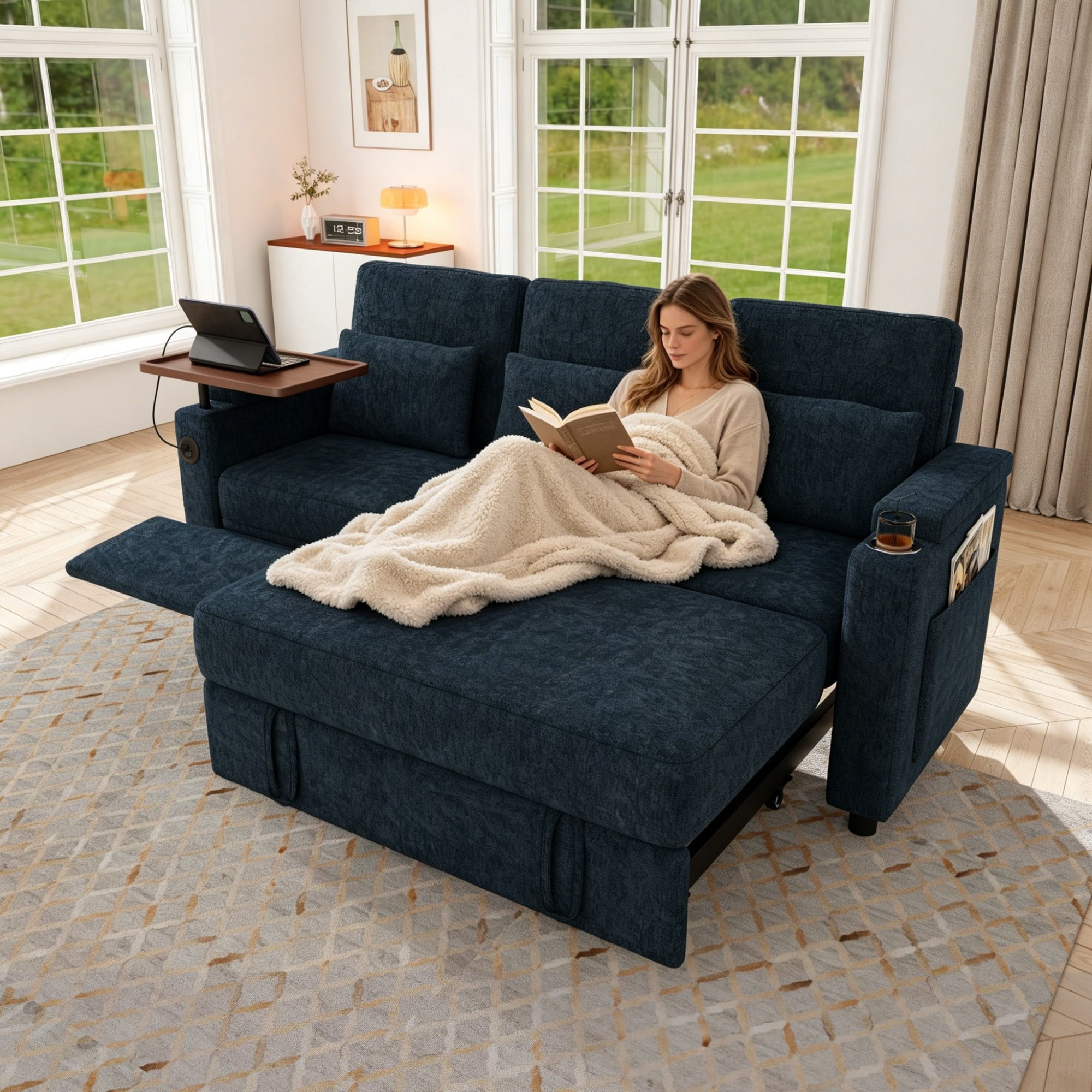 DEALTOPS 81" Chenille Pull-Out Sleeper Sofa Bed with Recliner, Tray Table, USB Ports & Storage, Blue