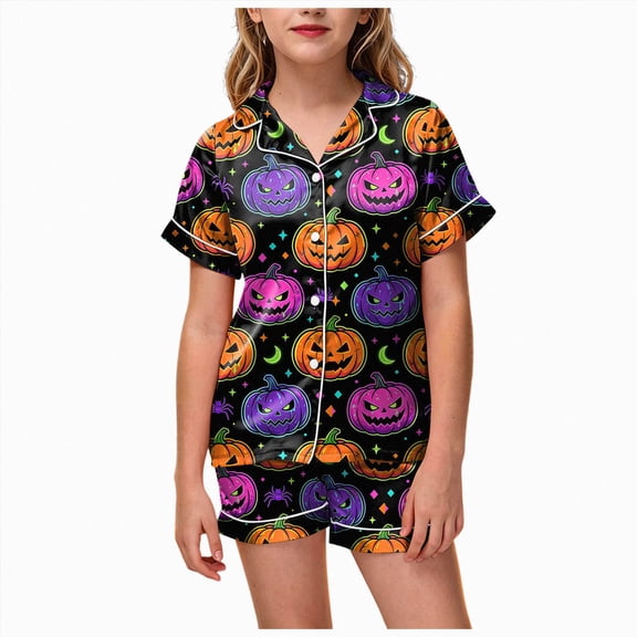 UAYOTSE Girls Silky Collared Pajama 2‑Piece, Short Sleeve Button‑Front Top with Coordinating Shorts, Home‑Ready Sleep Outfit for Young Girls Size 2-3 Years