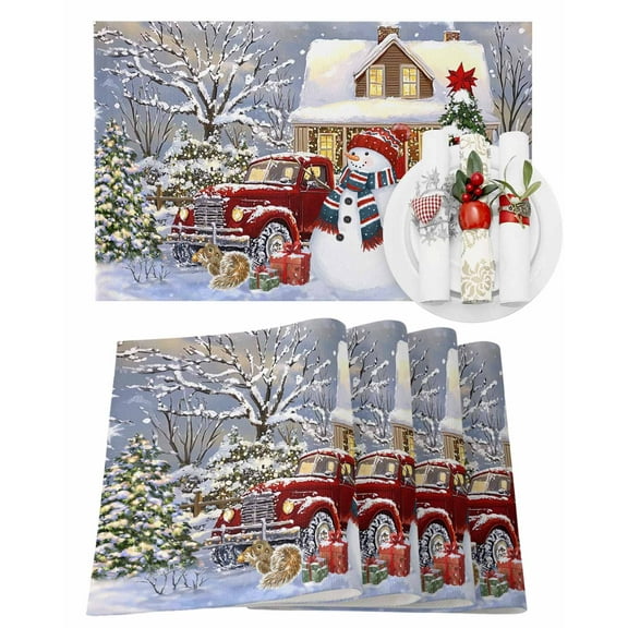 Christmas Placemats Set of 6, Christmas Tree Snowman Place Mats Red Truck Placemat Table Decoration for Kitchen Table Dinner Xmas Holiday Party Home Decor Indoor Outdoor 13x19 Inch