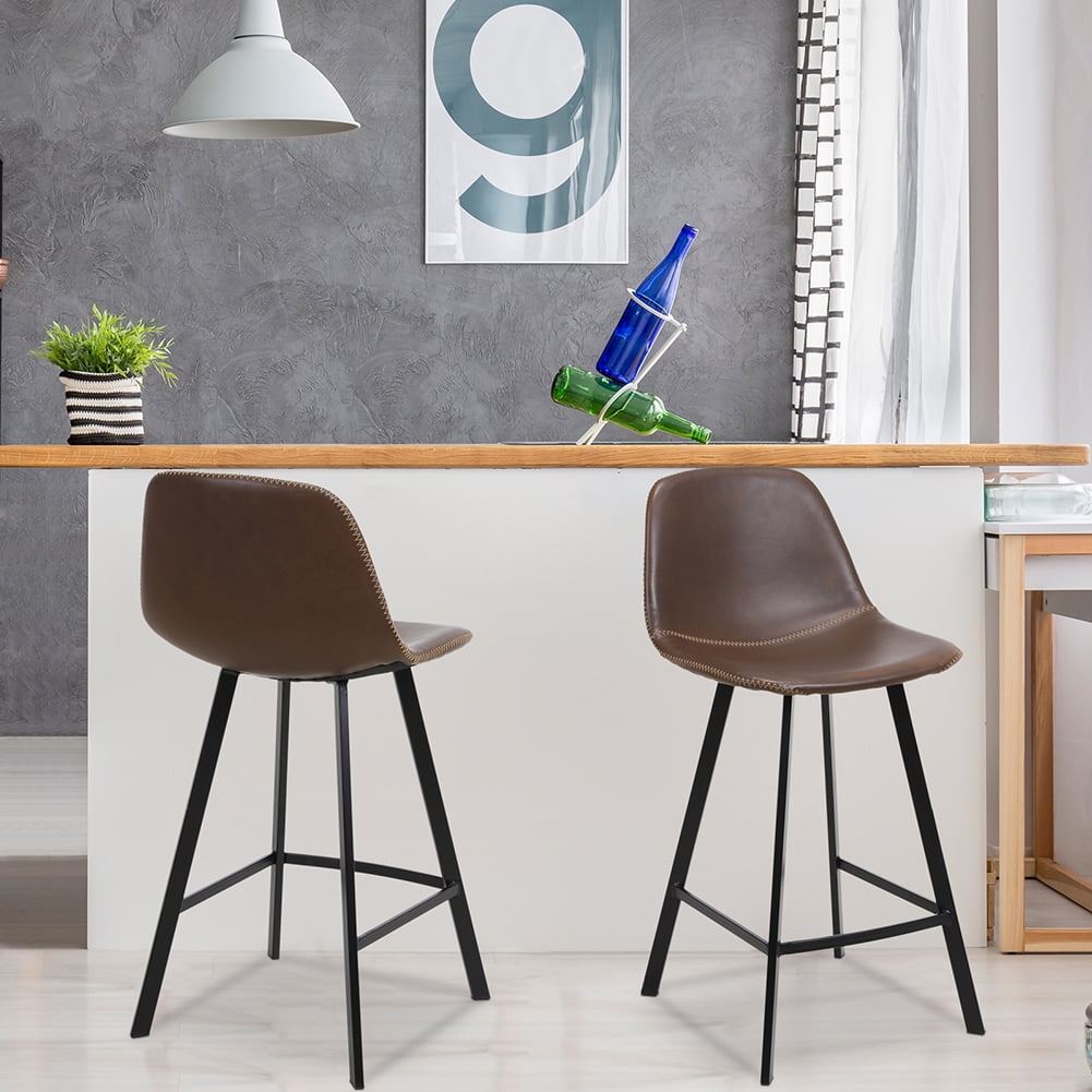 Kepooman 2 Pieces 35.8"H Wrought Iron Bar Stool,Industrial PU Leather Armless Counter Chairs - Dark Brown