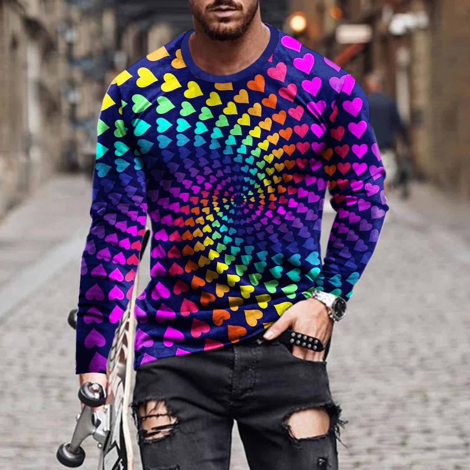 cllios Long Sleeve Shirts for Men 3D Heart Graphic Tee Casual Plus