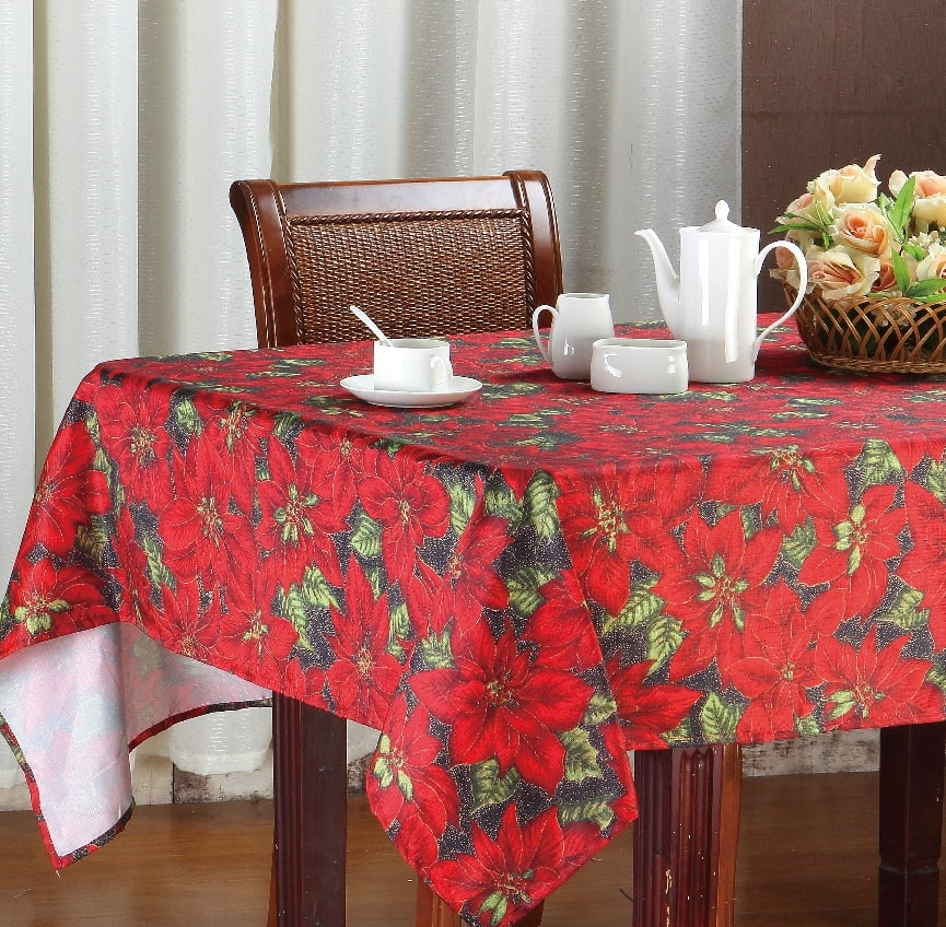 Holiday Christmas Printed Fabric Tablecloth, Red Poinsettia 60x102