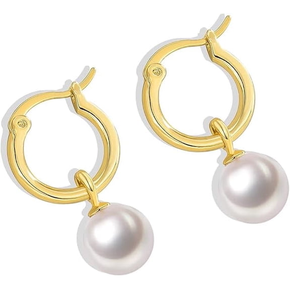 14K Gold/White Gold Plated Pearl Hoop Earrings, Minimalist Dangle Earrings for Women, Retro French Style Elegant Jewelry for Wedding, Party, or Daily Wear