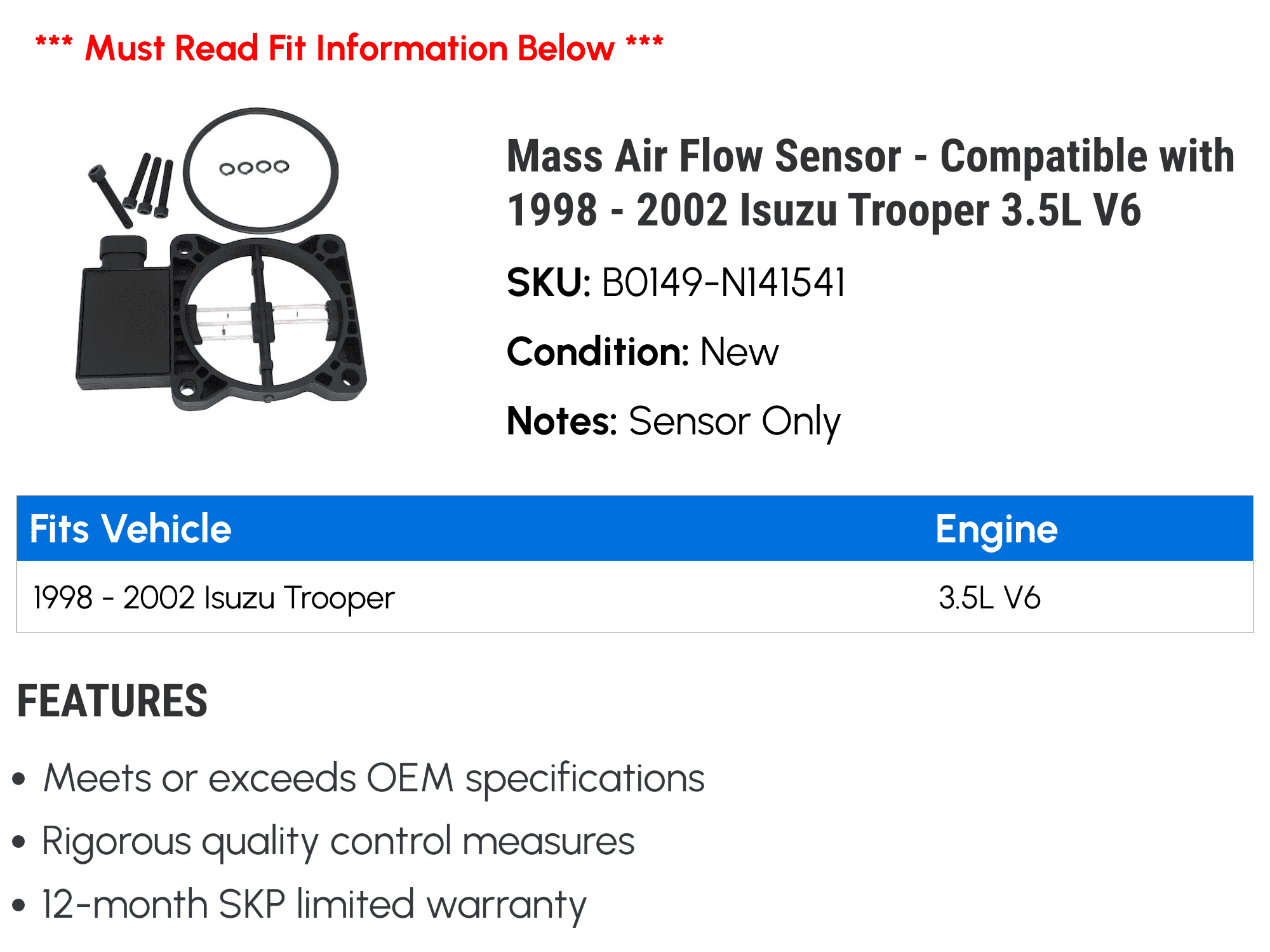 Mass Air Flow Sensor - Compatible with 1998 - 2002 Isuzu Trooper 3.5L V6 1999 2000 2001