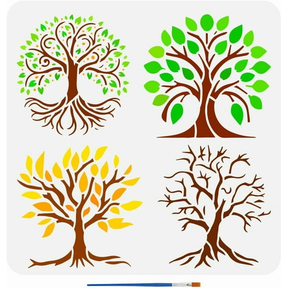 Tree of Life Stencil with a Paint Brush 11.8x11.8Inch 4 Style Tree Pattern Painting Stencils Lush Tree Drawing Template PET Tree Leaves Stencil Plant Themes Template for Wall Fabric colorful DIY
