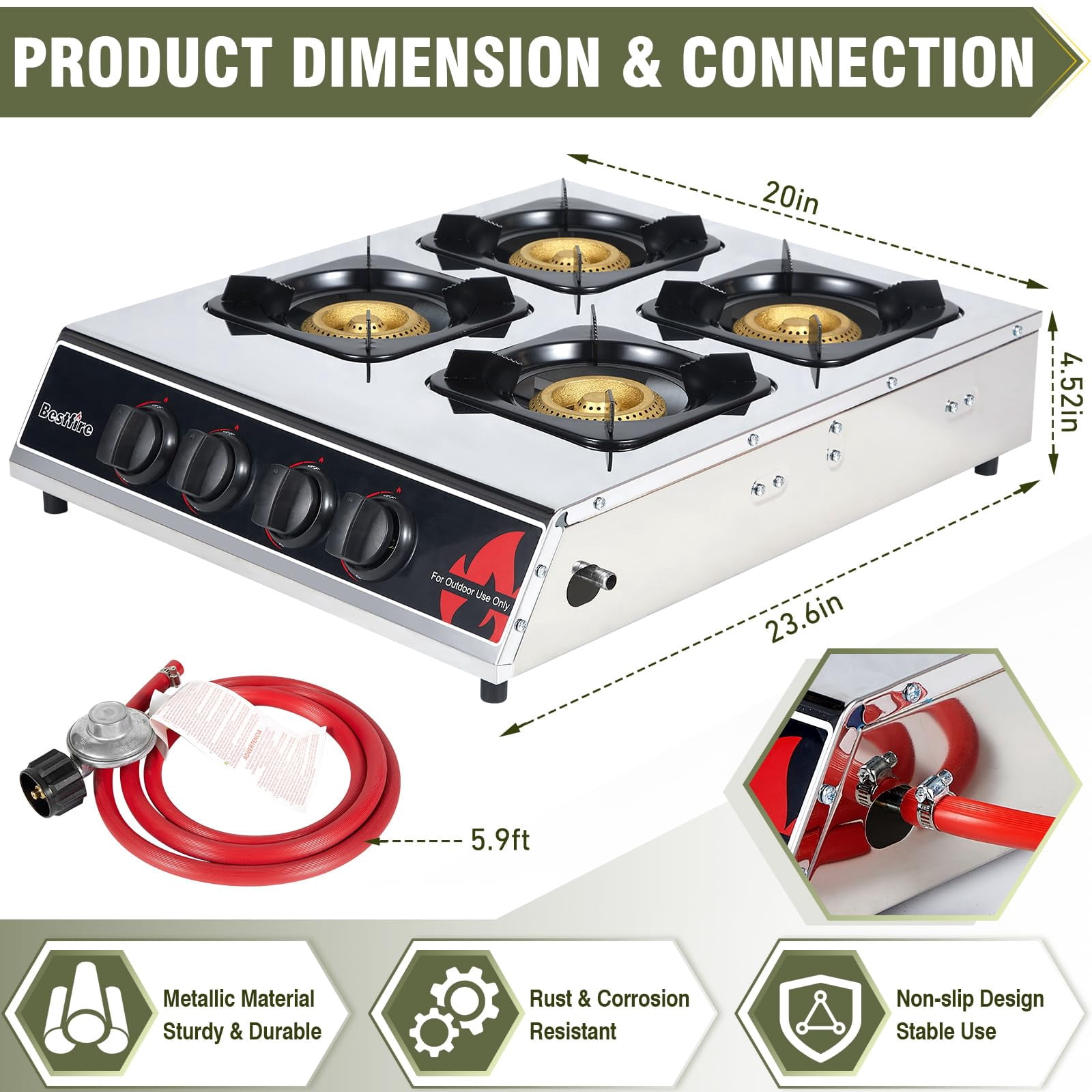 Frizi 4 Burner Propane Gas Stove 40,000 BTU Stainless Steel Cooktop with Enamel Pan Support, Electronic Ignition, Regulator & Hose Included, Portable Gas Stove for Camping, Outdoor Cooking, BBQ