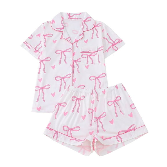 Women’s Short Sleeve Button Down Pajama Set with Bow and Heart Print Top and Elastic Waist Shorts Sleepwear