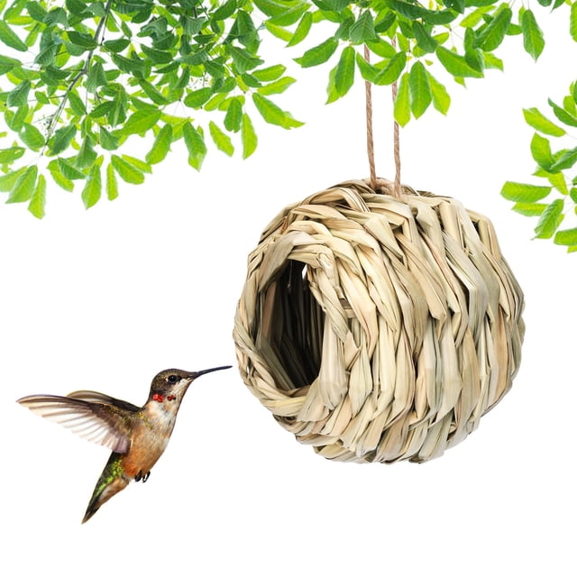 Nido de pájaro de boca redonda esférica de paja, jaula de pájaros, Nido de pájaro, decoración de patio de jardín al aire libre.