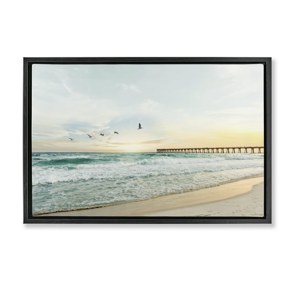 Stupell Industries Birds at Beach Pier Landscape & Nature Photography Black Floater Framed Canvas Art Print Wall Art, 25 x 17