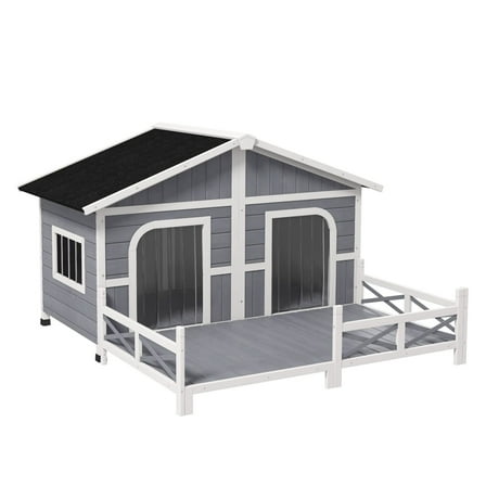 Wooden Dog House Large Outdoor, Elevated Cabin for Small Medium Dogs, Gray - Double Room Pet Shelter w/ Porch