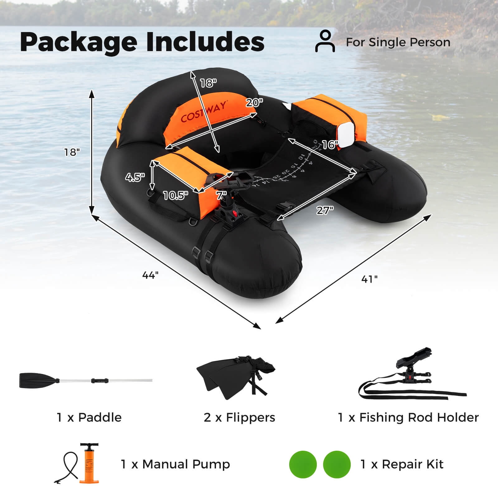 Costway Inflatable Float Tube with Adjustable Fishing Rod Holder Fish Hook Stator Flippers Orange