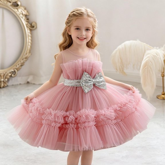 CIAKGIAF Girls for Dresses Crew Neck Mesh Fluffy Princess Pleated Bow Sleeveless Dresses Hot Pink for 3-4Years