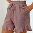 thumbnail image 5 of YUGYXL Summer Striped Shorts for Women Elastic Waist Ruffle Shorts with Pockets Teen Girl Drawstring Cute Shorts Wine S, 5 of 9