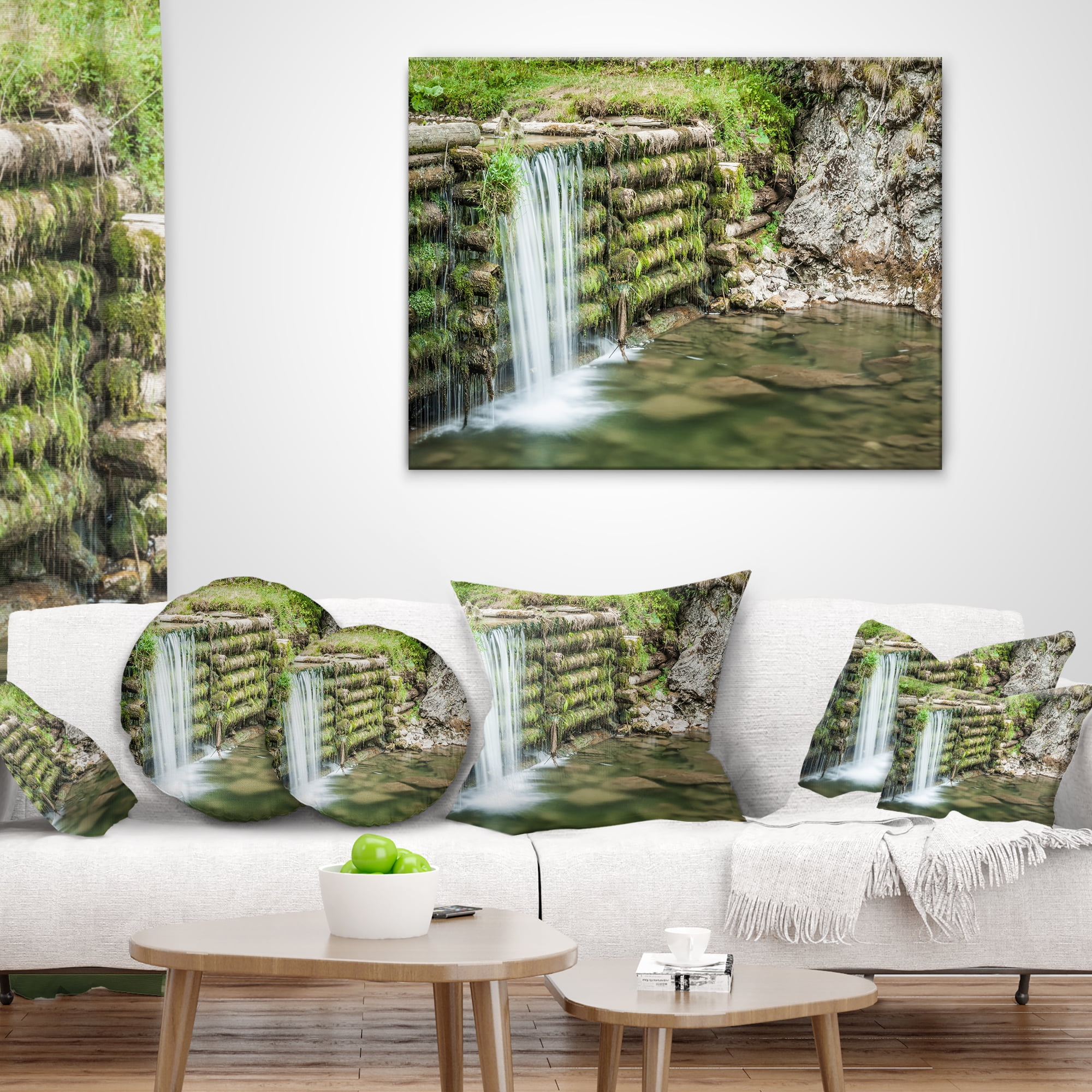 Designart Fabulous Man made Waterfall - Landscape Printed Throw Pillow - 16x16