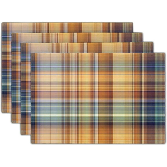 Brown Plaid Placemats Set of 4 Boho Pattern Table Mat Heat Resistant Linen Cloth Place Washable Holiday Party Dining Table Mat for Farmhouse Home Kitchen Decor 12x18in