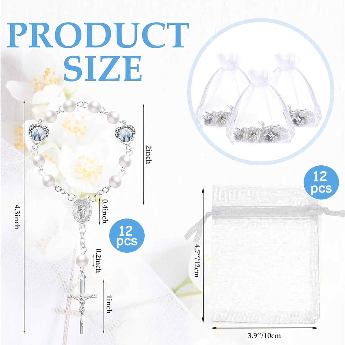 Dalrosia Mini Rosary with Organza Bags Faux Pearls Baptism Rosary Baptism Favors for Guests Catholic Finger Rosary for Christening Weddings Party Favors First Communion Gift