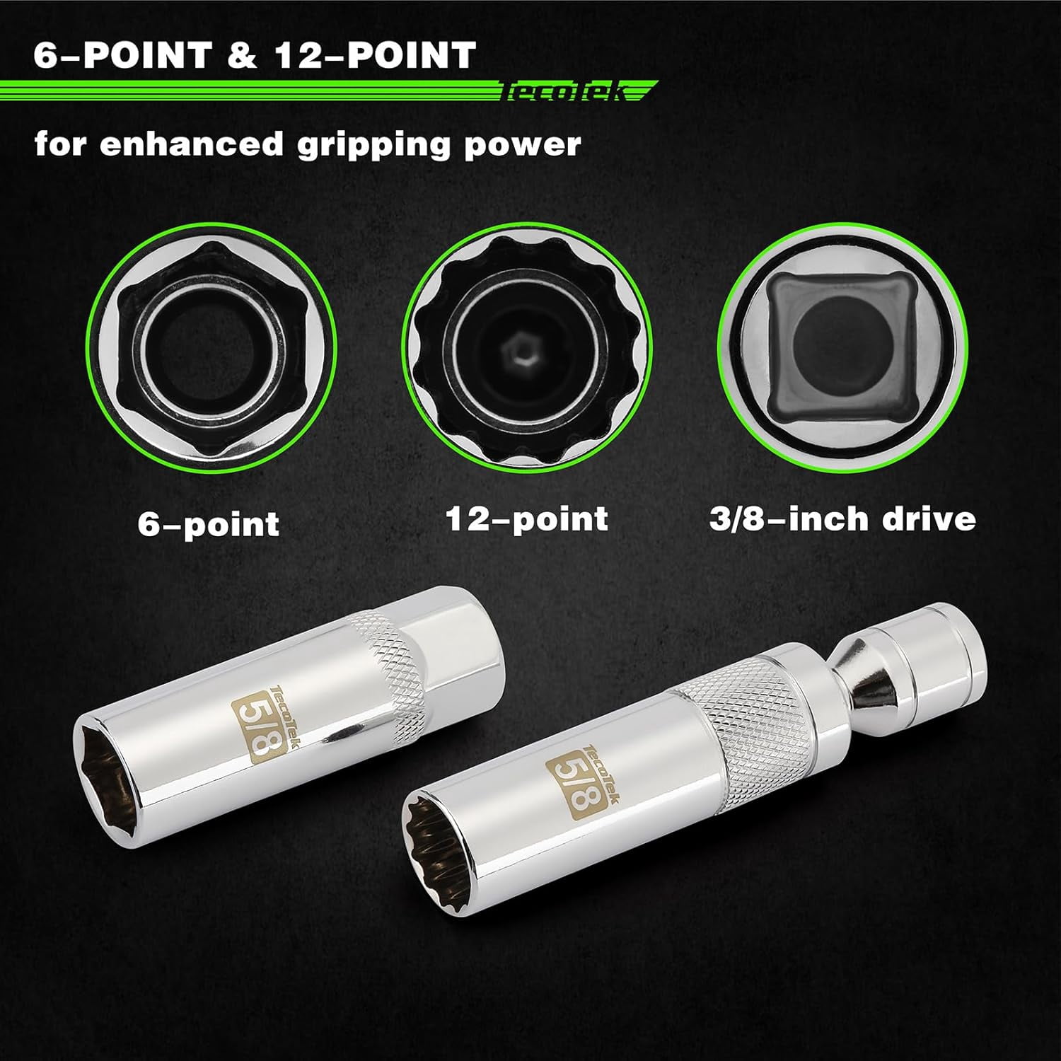7 Piece 3/8-Inch Drive Magnetic Swivel Spark Plug Socket Set, Includes 9/16-Inch, 13/16-Inch, 5/8-Inch, 14mm Socket, 6-Point &12-Point, CR-V, Enhanced Magnetic Design with Thin Wall Socket