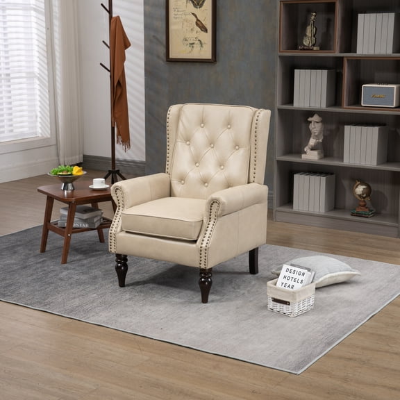 Vintage PU Leather Accent Chair, Wingback Single Sofa Chair with Buttons and Rivet Trims, Upholstered Side Armchair with Padded Seat Cushion & Backrest, for Bedroom Office Reception, Camel