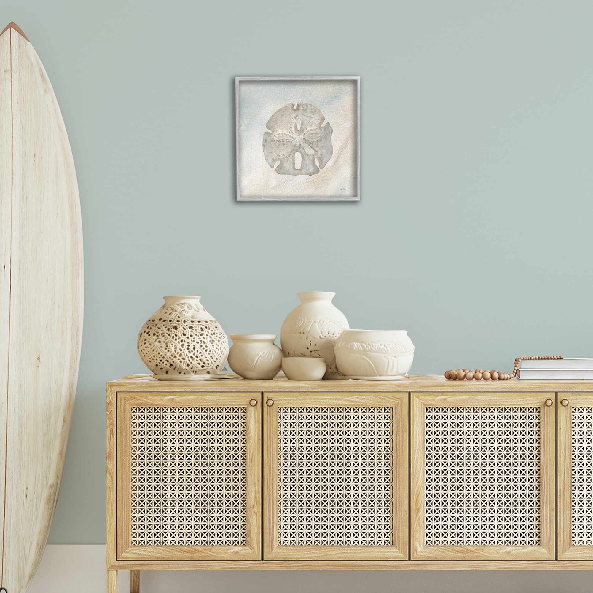 Stupell Industries Sand Dollar over Beige Coastal Painting Gray Framed Art Print Wall Art, 17 x 17