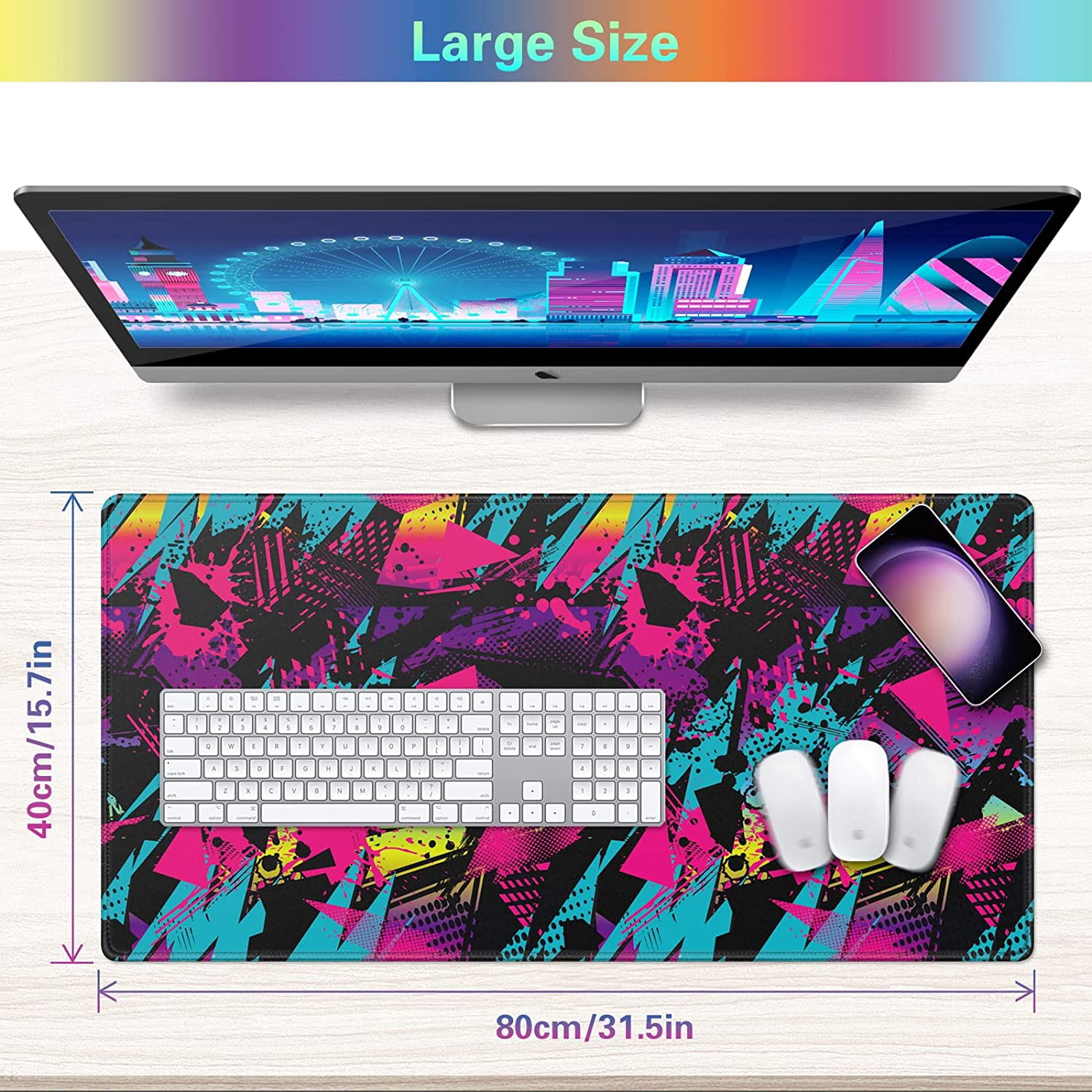 Gaming Mouse Pad, Extended Mouse Pad 31.5x15.7inch XXL Large Big Computer Keyboard Mouse Mat Desk Pad with Non-Slip Base and Stitched Edge for Home Office Gaming Work (Colorful Geometric)