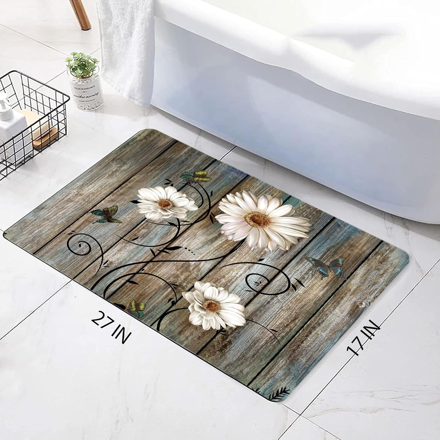Rustic Daisy Bathroom Rugs Grey Floral Butterfly Bath Mat, Farmhouse Absorption Non-Slip Floor Mat, Daisy Bathroom Bedroom Decor(Rectangle,27×17 inch)
