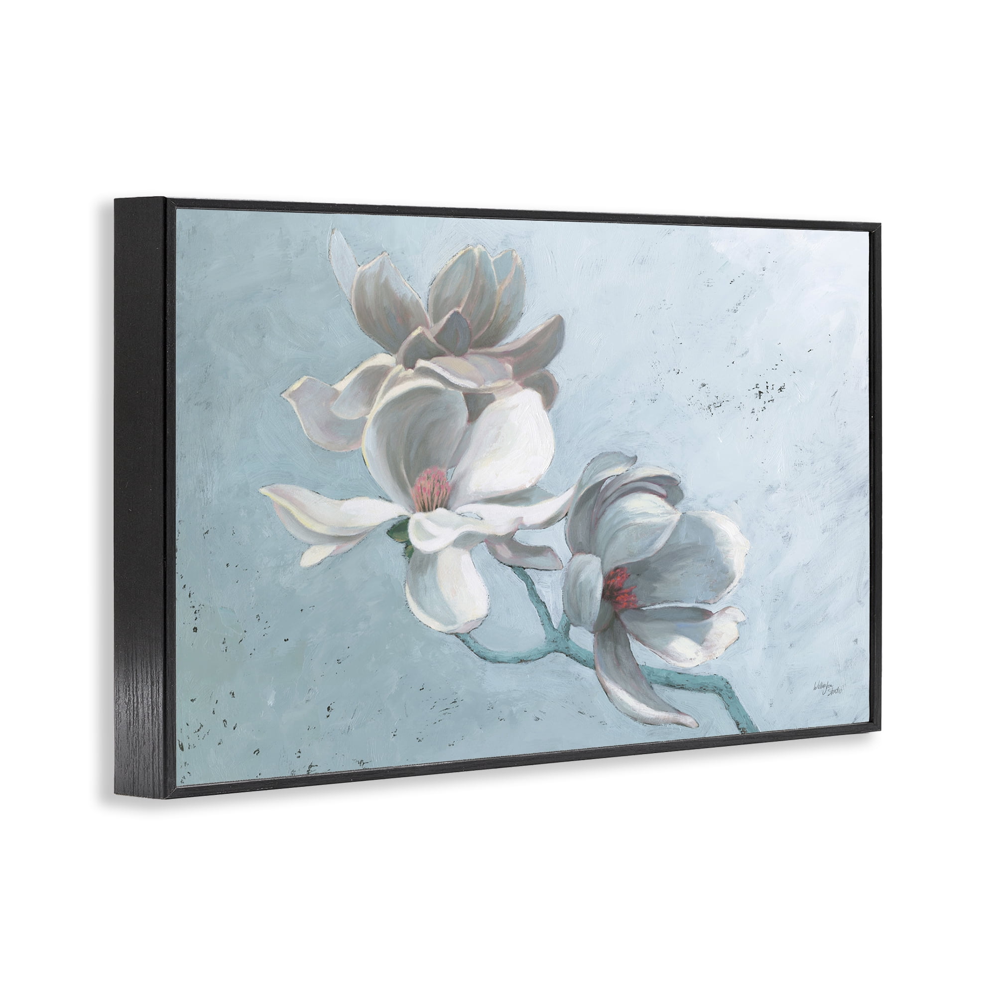 Stupell Industries Magnolia Branch on Blue Botanical & Floral Painting Black Framed Art Print Wall Art, 18 x 12