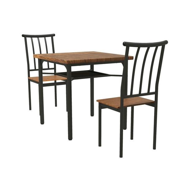 3-Piece Dining Table Set for 2, Square Wood Table with Storage Rack and Metal Chairs with Backrest, for Small Spaces