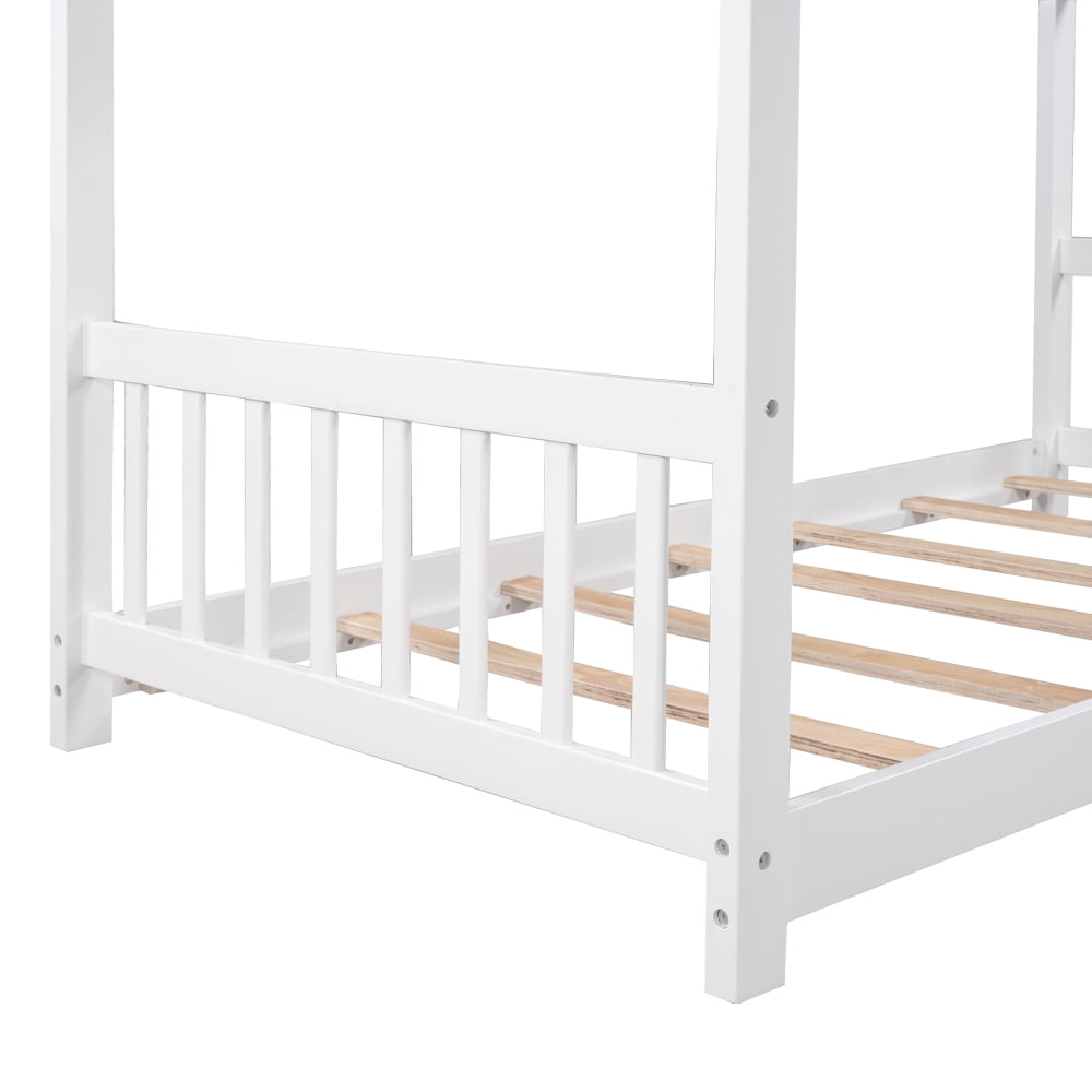 Twin Size House Bed for Kids & Teens,Solid Wood Twin Size Floor Montessori Bed with Headboard & Footboard, Toddlers House Floor Bed with Roof and Slat, No Box Spring Need,Espresso Bed Frame,White