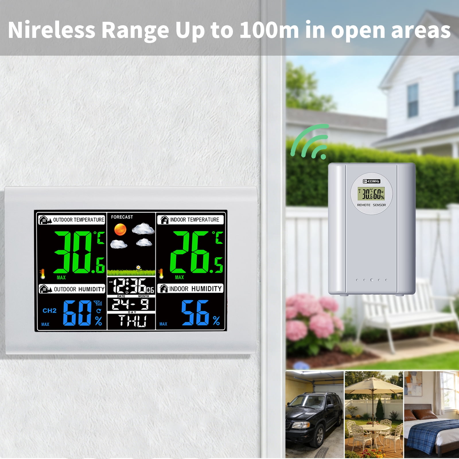 Weather Station Wireless Indoor Outdoor with Color Display, Atomic Clock & Alarm, Barometric Pressure, Forecast, Adjustable Backlight - 3-Level Backlight, White, 1 Sensor
