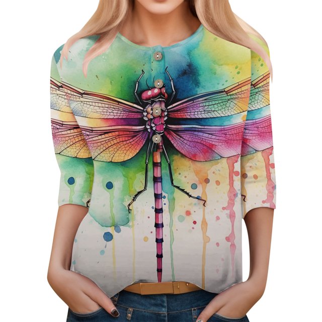 TSADFHJI Chandails en Molleton pour Femmes Sans Capuche Pull d'Été Imprimé Col Rond Manches Trois-Quarts T-Shirt Confortable Vert