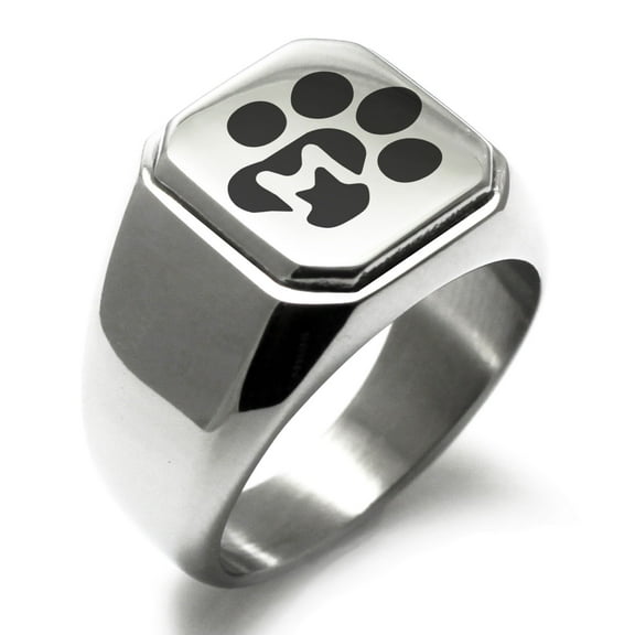 Stainless Steel Letter M Initial Cat Dog Paws Monogram Engraved Engraved Square Flat Top Biker Style Polished Signet Ring
