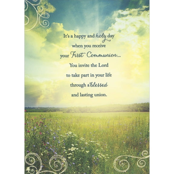 Designer Greetings It's a Happy and Holy Day: Sun Shining Through Clouds onto Meadow 1st / First Communion Congratulations Card