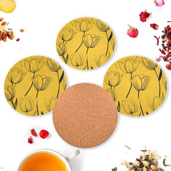 Vzayyk 4Pack Wooden Coasters With Cork Base Heat-Resistant Drink For Home Office Restaurant Pattern Of Tulips