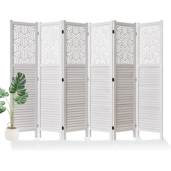 Folding Room Divider, 66.9 Inch 6 Panels Wood Carved Privacy Screens, Free Assembled Freestanding Portable Separation Wall for Home Office Restaurant Bedroom (White)