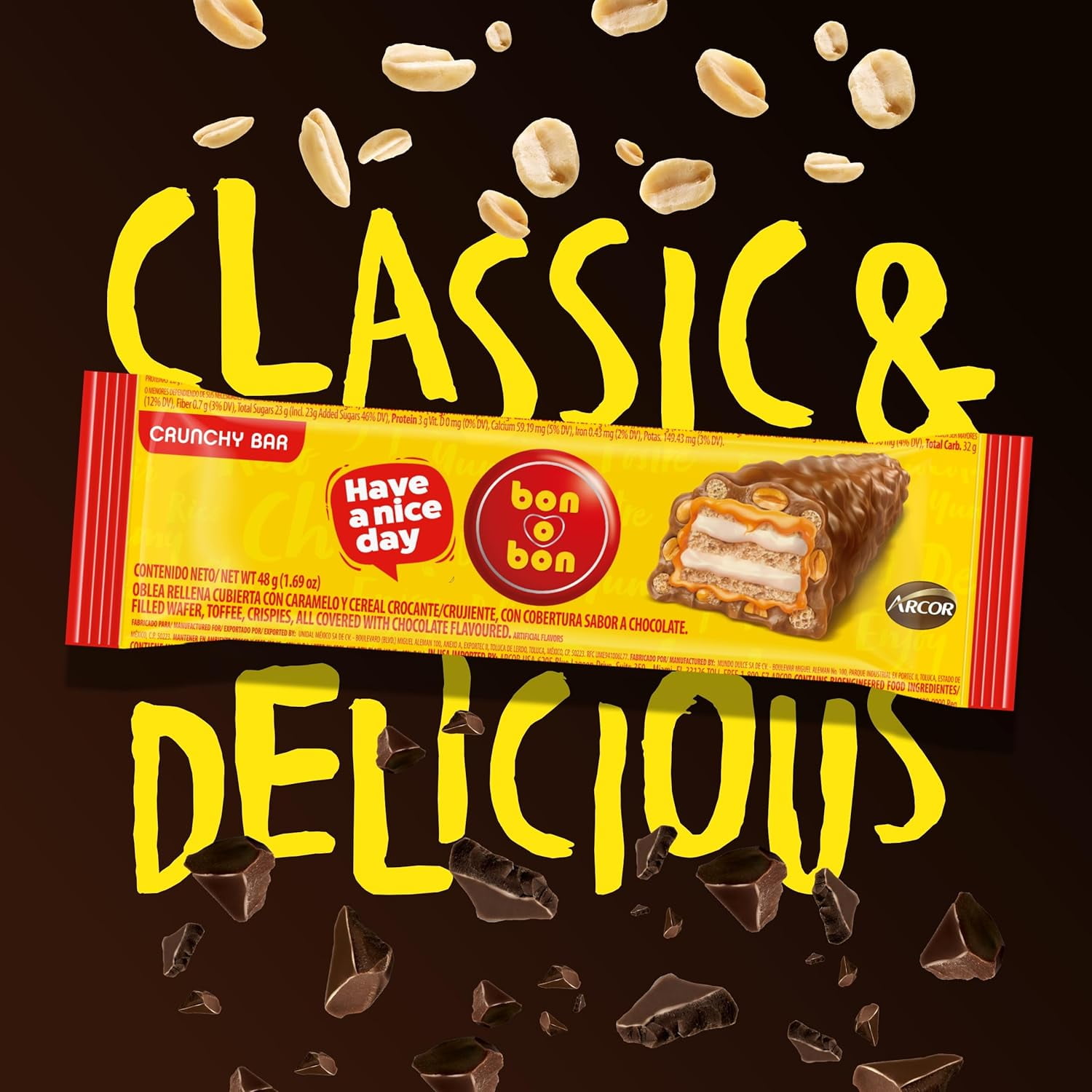 Bon o Bon Milk Chocolate Bars, Decadent Milk Chocolate Bars with a Creamy Peanut, Caramel & Wafer Filling, 48g x 12 Bars